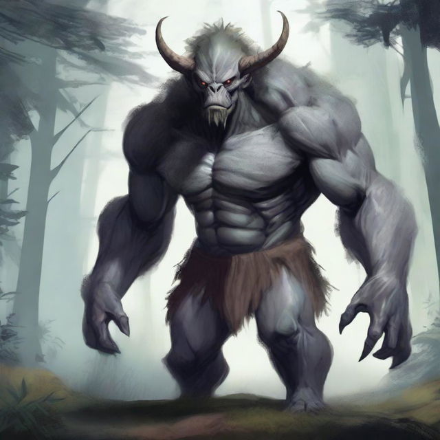 A fantasy monster with grey skin, resembling a prehistoric humanoid