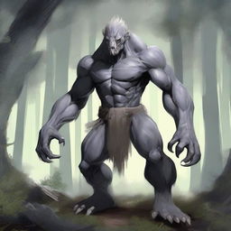 A fantasy monster with grey skin, resembling a prehistoric humanoid