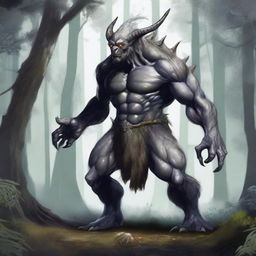 A fantasy monster with grey skin, resembling a prehistoric humanoid