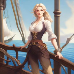 A confident blonde half-elf swashbuckler, standing on the deck of a pirate ship