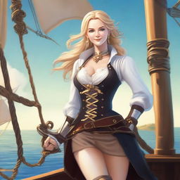 A confident blonde half-elf swashbuckler, standing on the deck of a pirate ship