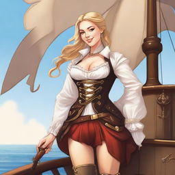 A confident blonde half-elf swashbuckler, standing on the deck of a pirate ship