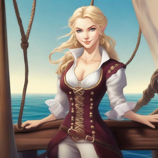 A confident blonde half-elf swashbuckler, standing on the deck of a pirate ship