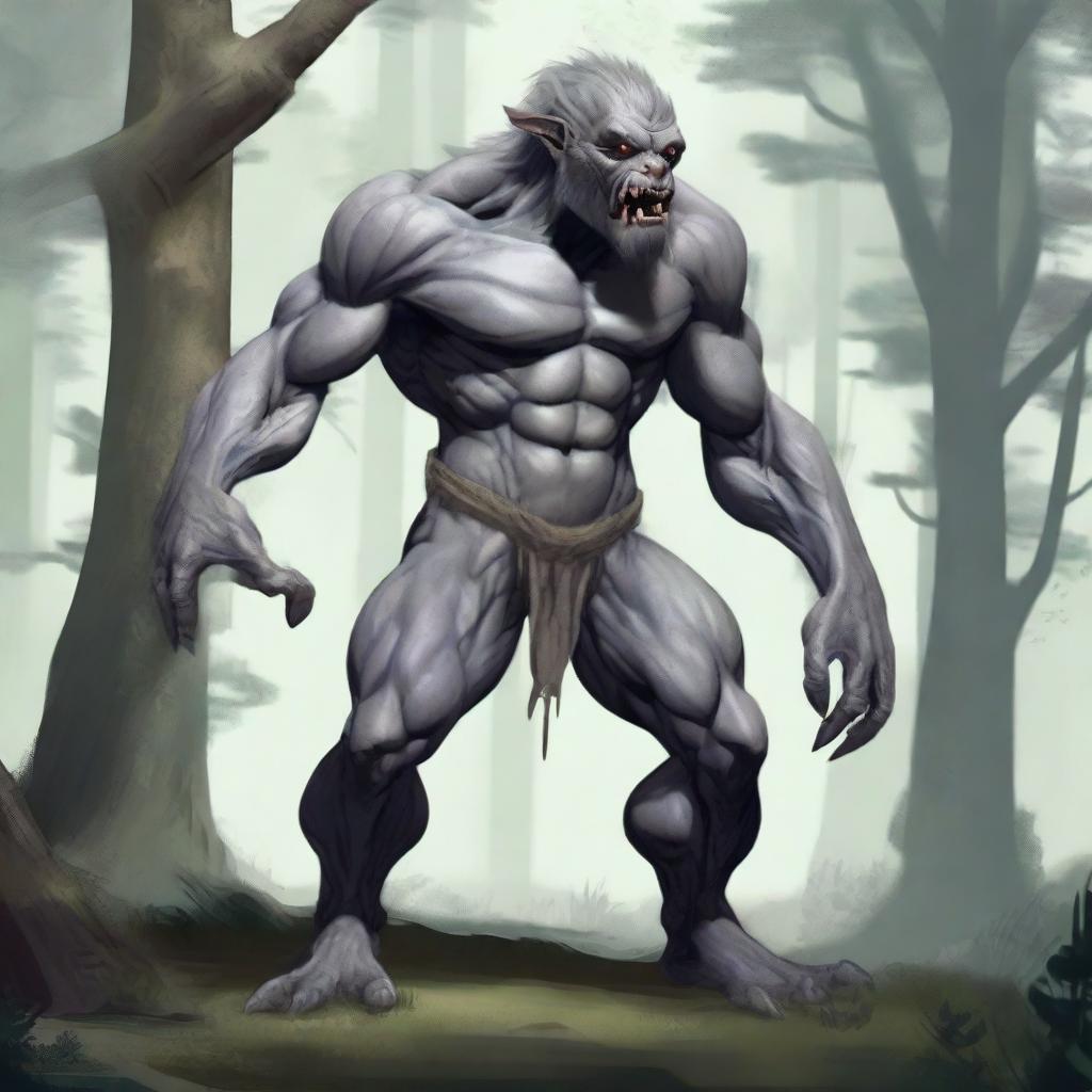 A fantasy monster with grey skin, resembling a prehistoric humanoid