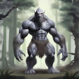 A fantasy monster with grey skin, resembling a prehistoric humanoid