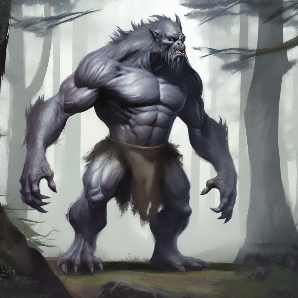 A fantasy monster with grey skin, resembling a prehistoric humanoid