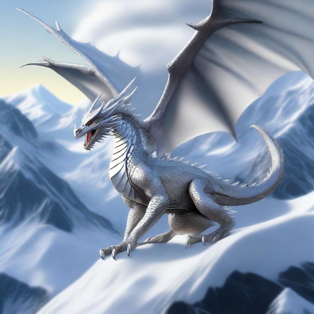 A majestic silver dragon soaring through the sky, its scales shining brilliantly in the sunlight