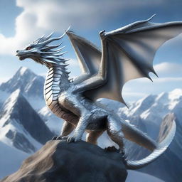 A majestic silver dragon soaring through the sky, its scales shining brilliantly in the sunlight