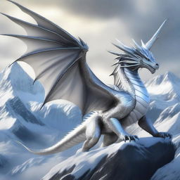 A majestic silver dragon soaring through the sky, its scales shining brilliantly in the sunlight