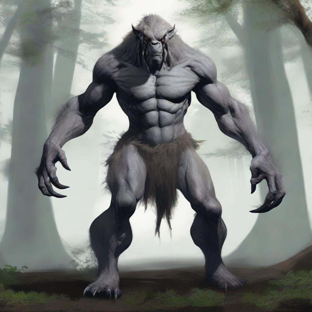 A fantasy monster with grey skin, resembling a prehistoric humanoid