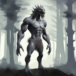 A fantasy monster with grey skin, resembling a prehistoric humanoid