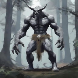 A fantasy monster with grey skin, resembling a prehistoric humanoid