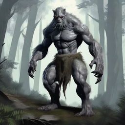 A fantasy monster with grey skin, resembling a prehistoric humanoid