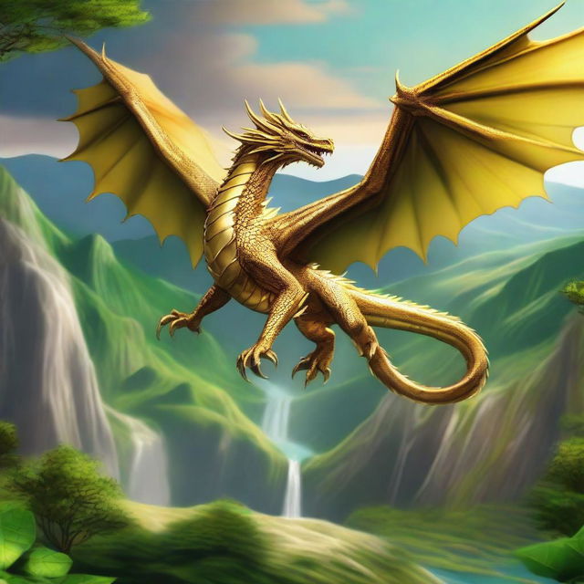 A magnificent gold dragon flying above a lush, green valley