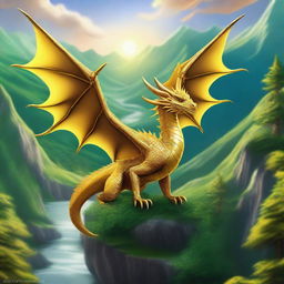 A magnificent gold dragon flying above a lush, green valley