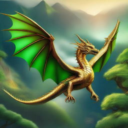 A magnificent gold dragon flying above a lush, green valley