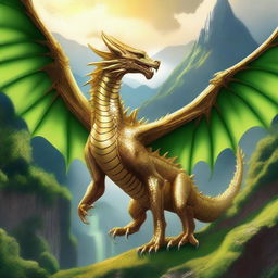 A magnificent gold dragon flying above a lush, green valley