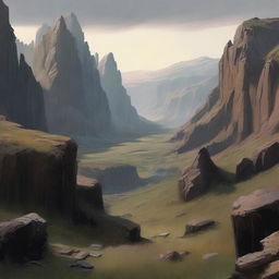 A detailed landscape image featuring an area of land cut by deep chasms with small plateaus scattered throughout