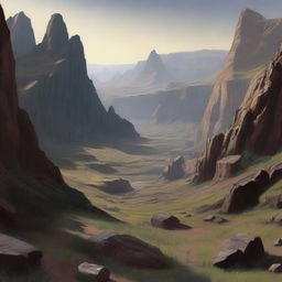 A detailed landscape image featuring an area of land cut by deep chasms with small plateaus scattered throughout