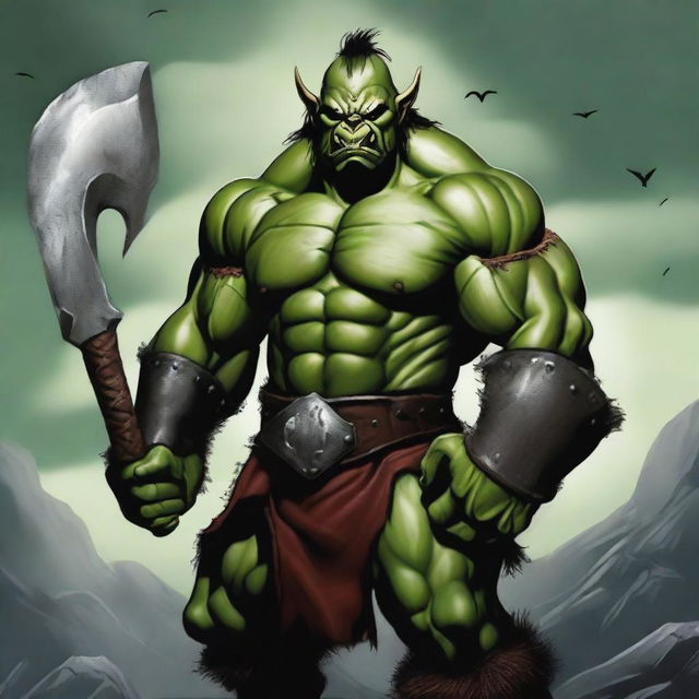 A fierce orc barbarian standing in a battle-ready stance