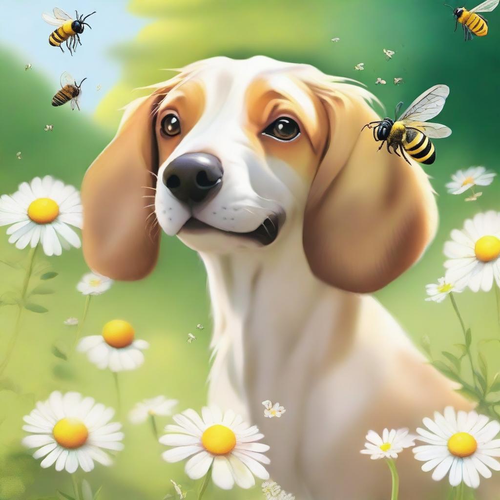 A playful scene featuring a curious dog interacting with a buzzing bee in a sunny garden