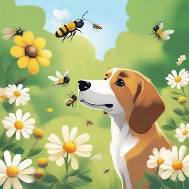 A playful scene featuring a curious dog interacting with a buzzing bee in a sunny garden