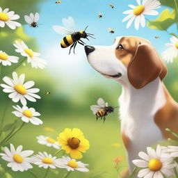 A playful scene featuring a curious dog interacting with a buzzing bee in a sunny garden