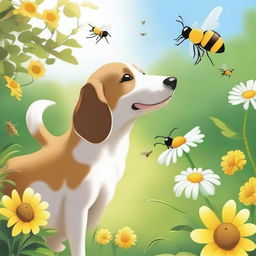 A playful scene featuring a curious dog interacting with a buzzing bee in a sunny garden