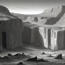 A detailed landscape image featuring a flat area of land that appears shattered, with large chasms cutting through it