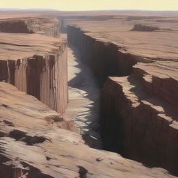 A detailed landscape image featuring a flat area of land that appears shattered, with large chasms cutting through it