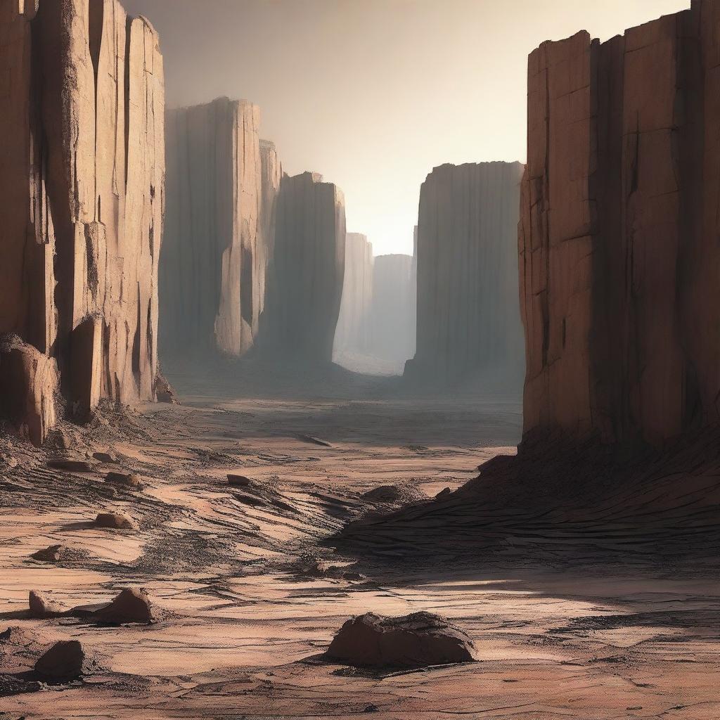 A detailed landscape image featuring a flat area of land that appears shattered, with large chasms cutting through it