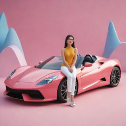 a 3D illustration of a whimsical animated character sitting casually atop an ultramodern super car, with a backdrop displaying an Instagram profile named 'GAUHAR'