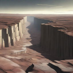 A detailed landscape image featuring a flat area of land that appears shattered, with large chasms cutting through it