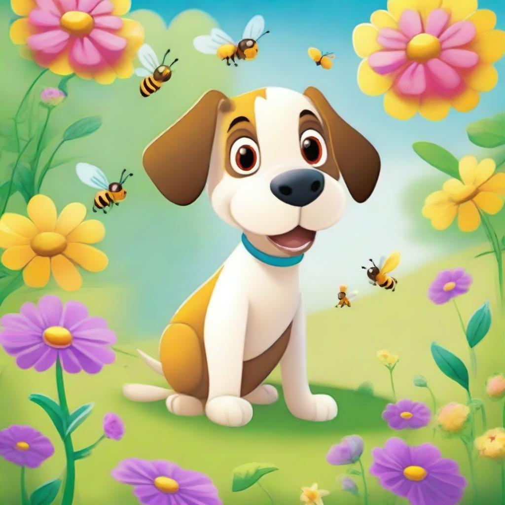 A playful, cartoonish scene featuring a curious dog interacting with a buzzing bee in a sunny garden