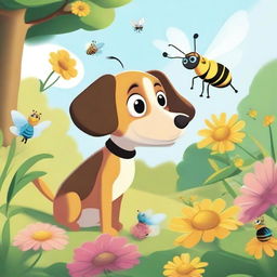 A playful, cartoonish scene featuring a curious dog interacting with a buzzing bee in a sunny garden