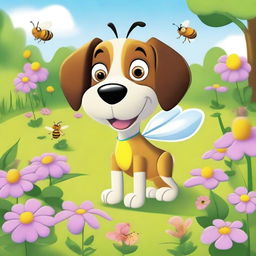 A playful, cartoonish scene featuring a curious dog interacting with a buzzing bee in a sunny garden