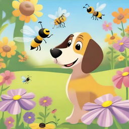 A playful, cartoonish scene featuring a curious dog interacting with a buzzing bee in a sunny garden