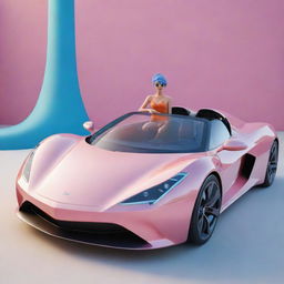 a 3D illustration of a whimsical animated character sitting casually atop an ultramodern super car, with a backdrop displaying an Instagram profile named 'GAUHAR'