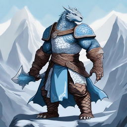 A detailed fantasy illustration of a dragonborn character with white scales as the main color and light blue scales forming an intricate tattoo pattern