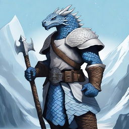 A detailed fantasy illustration of a dragonborn character with white scales as the main color and light blue scales forming an intricate tattoo pattern