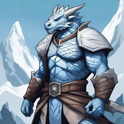 A detailed fantasy illustration of a dragonborn character with white scales as the main color and light blue scales forming an intricate tattoo pattern