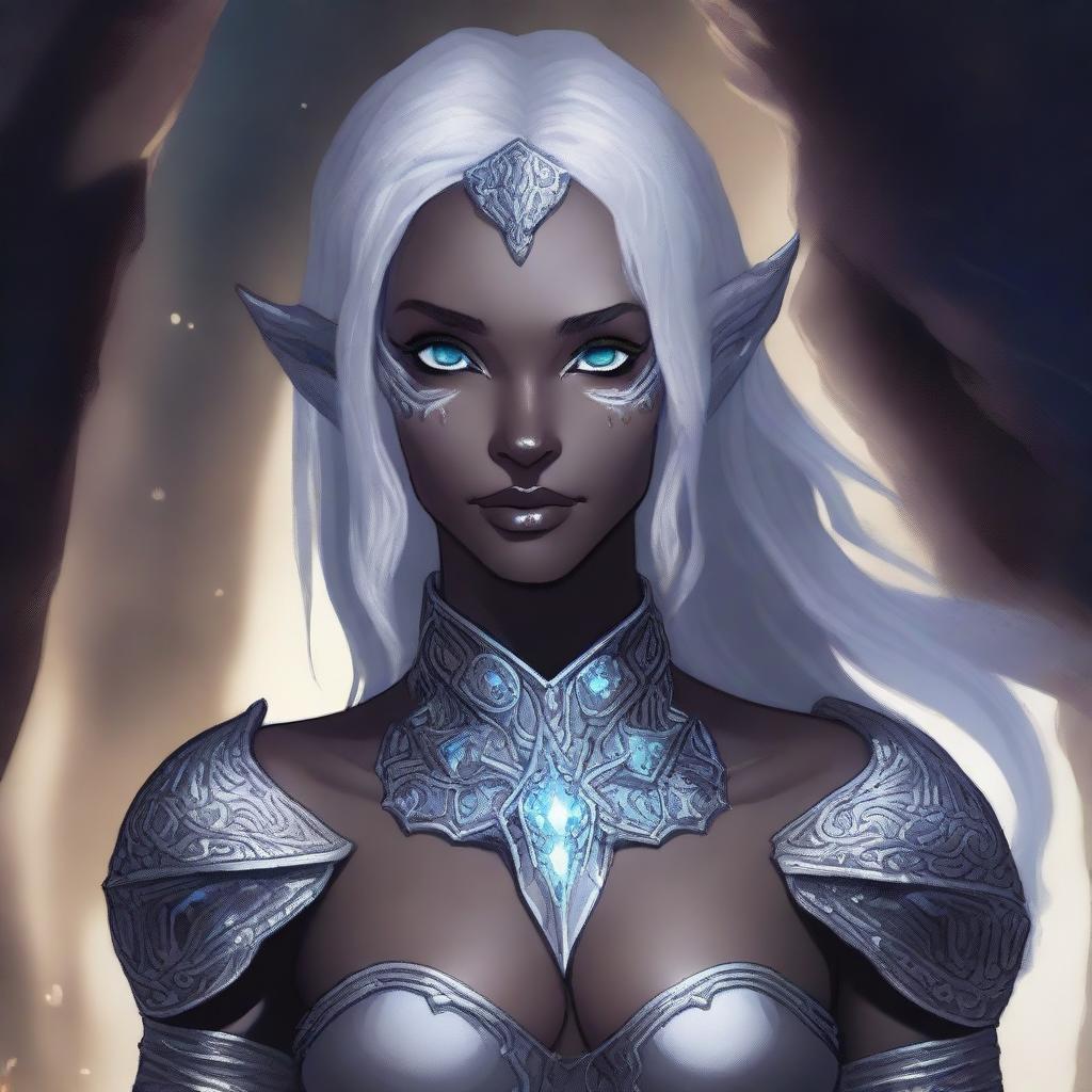 A detailed illustration of a female drow with wavy dark hair and light grey skin