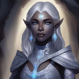 A detailed illustration of a female drow with wavy dark hair and light grey skin