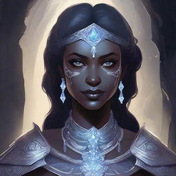 A detailed illustration of a female drow with wavy dark hair and light grey skin