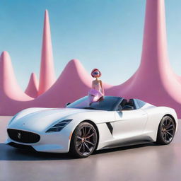 a 3D illustration of a whimsical animated character sitting casually atop an ultramodern super car, with a backdrop displaying an Instagram profile named 'GAUHAR'