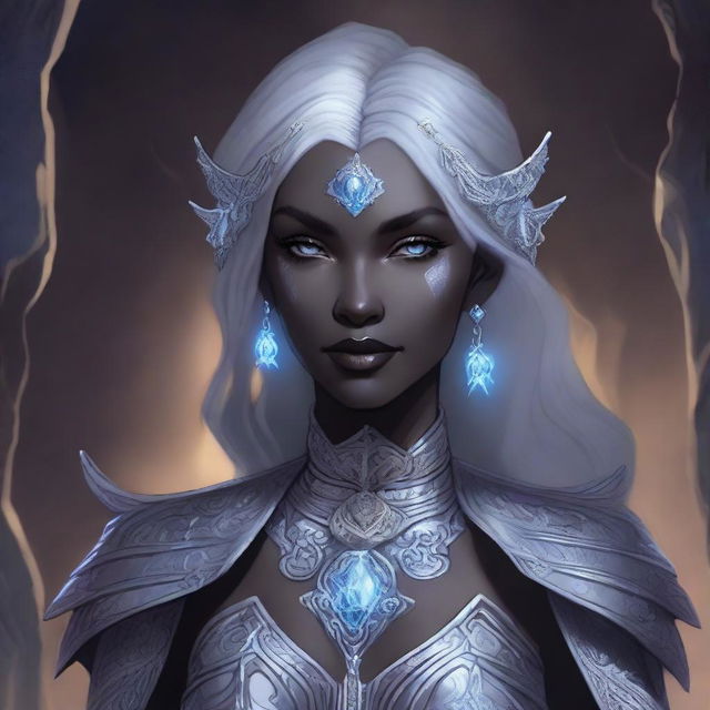 A detailed illustration of a female drow with wavy dark hair and light grey skin