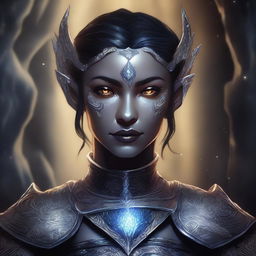 A detailed illustration of a female dark elf with short dark hair and light grey skin