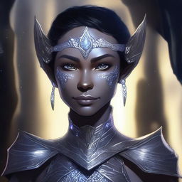 A detailed illustration of a female dark elf with short dark hair and light grey skin