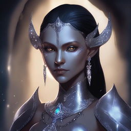 A detailed illustration of a female dark elf with short dark hair and light grey skin