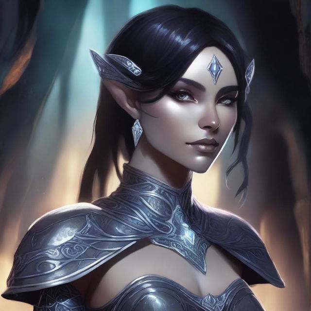 A detailed illustration of a female dark elf with short dark hair and light grey skin